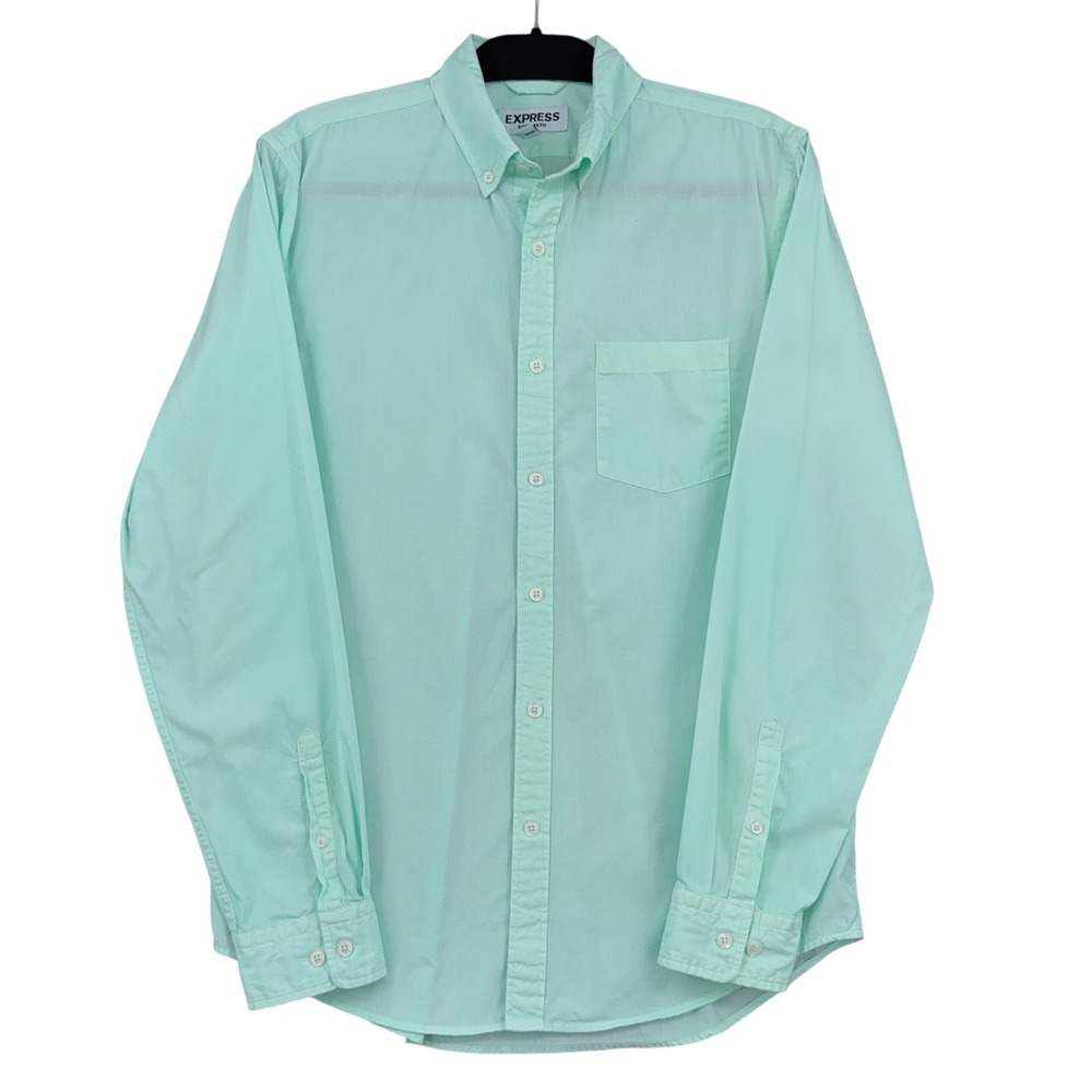 Express Soft Wash Men M 100%‎ Cotton Mint Green Button Down Shirt Long Sleeve